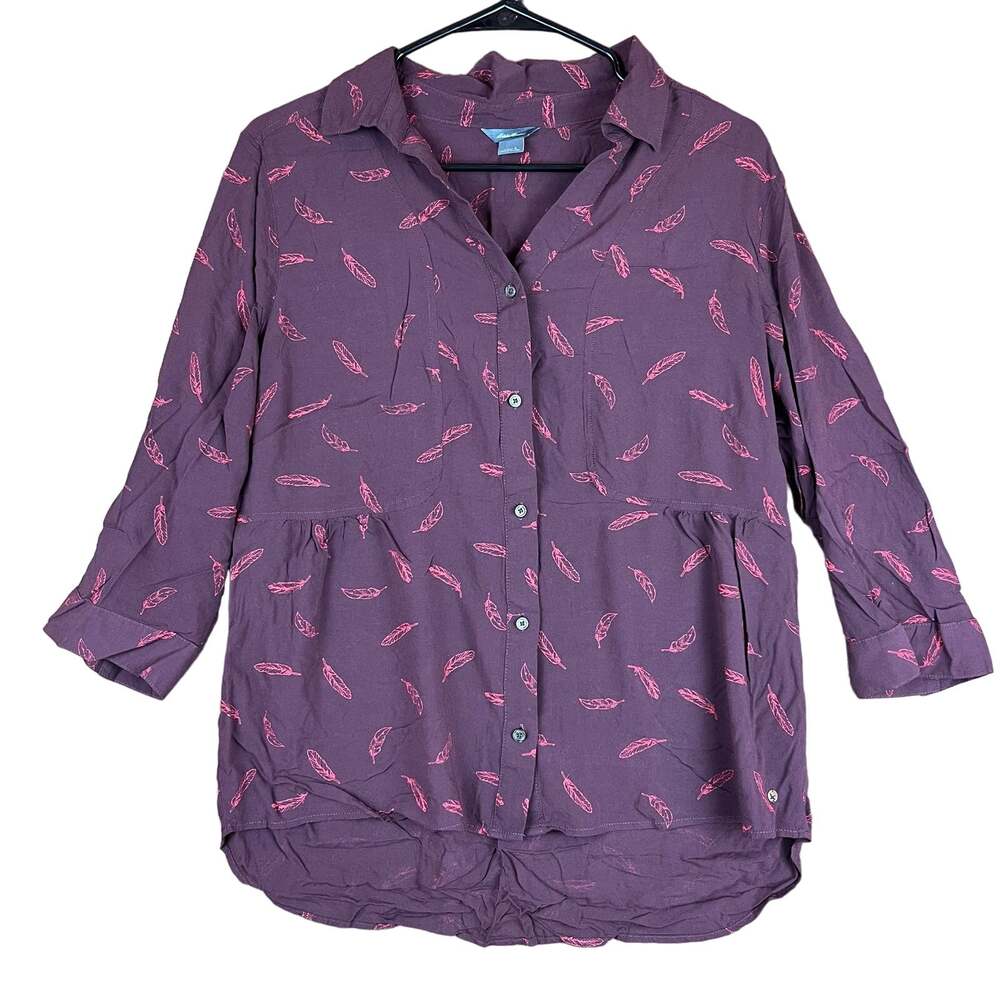Eddie Bauer Womens Blouse Maroon Feather Pattern Button Down 3/4 Sleeve Large